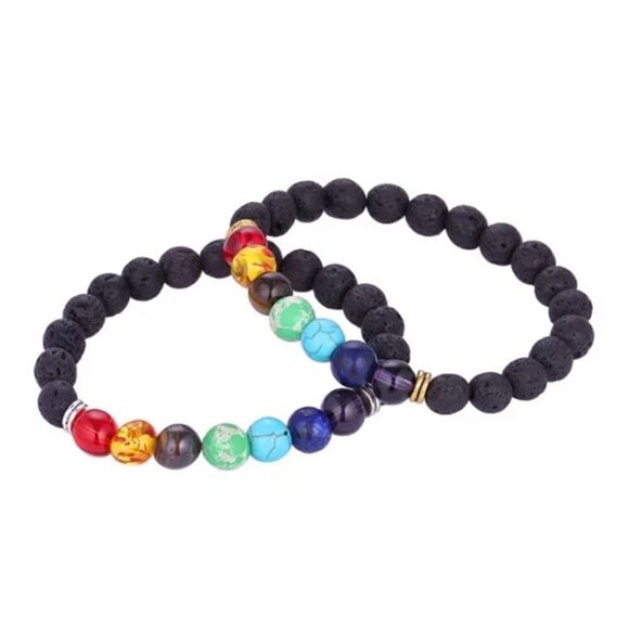(3) Essential Oil Diffuser Chakra Black Lava Rock Stone Bead Bracelets, Gold - Picture 4 of 5
